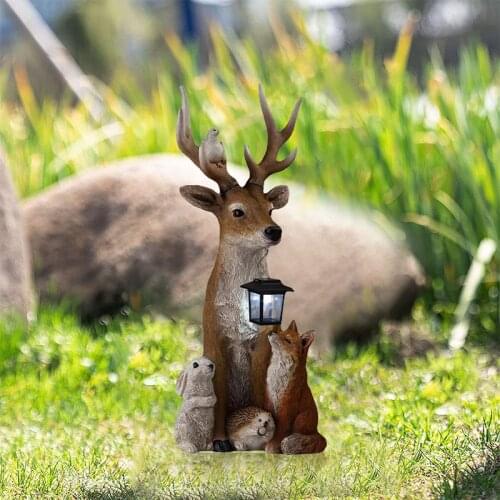 Deer Statue with Solar Light Hand Painted Animals Resin Ornament for Home Garden Courtyard Decoration