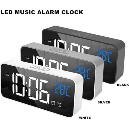 LED Mirror Clock Alarm Clock Sound-Activated Clocks Temperature Display Digital Clocks Rechargeable Music Clocks With 2 Alarms
