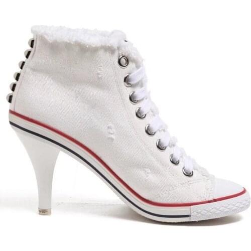 Spring High Heels Rivet White Shoes Women Fashion Thin Heels Denim Canvas Shoes High Top Round Toe Lace Up Ladies Pumps Footwear