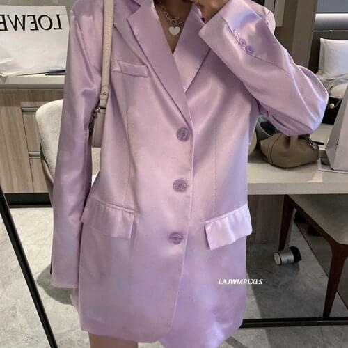Spring Summer 2021 Women Purple Solid Color Big Size Blazer New Notched Long Sleeve Loose Jacket Fashion Casual Tide