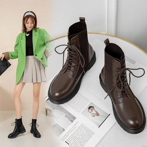 YQBTDL 2020 Autumn Street Low Heel Shoes Womens Boots Cross Tie Brown Black Patchwork Stretch Knitting Slip on Ankle Biker Boots