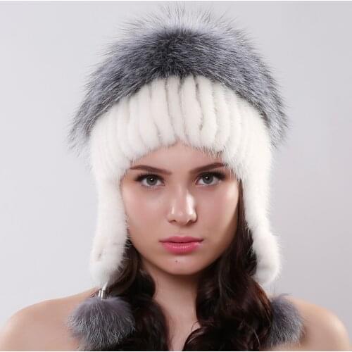 Women Ear Erotector Bomber Hat For Girls Real Knitted Mink Fur Caps With Silver Fox Fur Winter Warm Beanies Cute Pom Poms