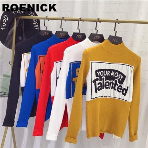ROENICK Womens T-Shirts Long-Sleeved Letter Print Slim T-Shirt Women Korean Style Elegant Turtleneck Pullovers Fashion Casual