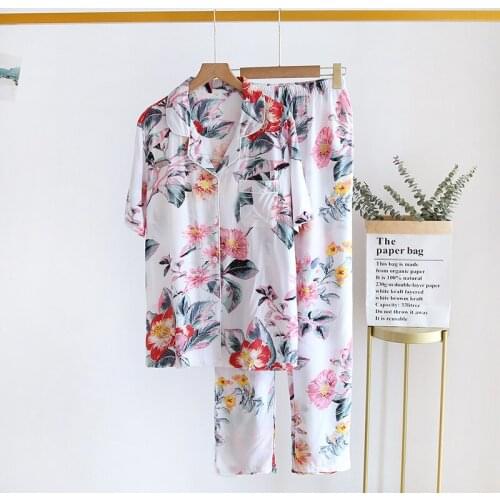 Pyjama Chaud Femme New Rayon Short-sleeved Trousers Pajamas Womens Summer Thin Suit Simple Soft and Comfortable Pyama Woman Set