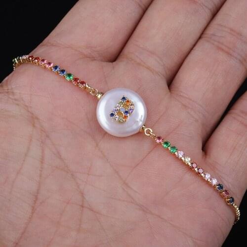 Rainbow Colors Cz Cubic Zirconia Initial B Alphabet Letter Name Natural Freshwater Pearl Gold Rainbow BraceletS For Women Girl