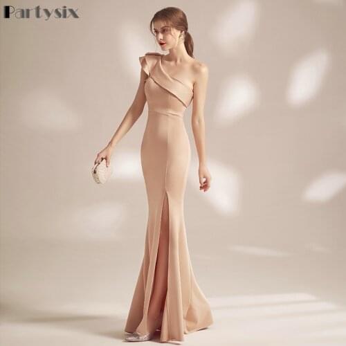 Partysix 2021 New Women One Shoulder Evening Party Dress Sexy Split Long Dress Elegant Ruffules Neck Formal Dress