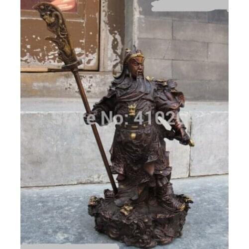 10"China carve Bronze Dragon Guan Gong Guan yu Hold Sword warrior statue