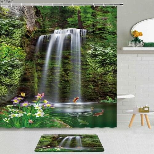 2Pcs Waterfall Forest Flowers Fish Shower Curtain 3D Landscape Lotus White Crane Non-Slip Carpet Bath Mat Bathroom Curtains Set