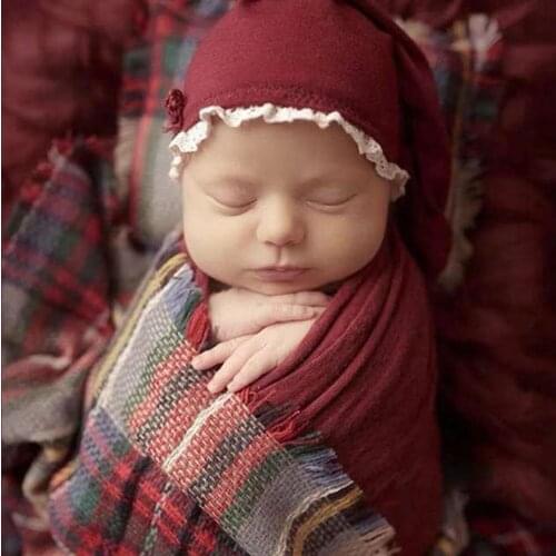 3Pcs Newborn Photography Props Sets Soft Warm Long Plaid Blanket+Wraps+Beanie Cap for Infant Boys Girls Accesorries