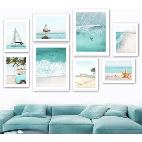 Blue Wave Sail Beach Bus Seagull Starfish Wall Art Canvas Painting Nordic Posters And Prints Wall Pictures For Living Room Decor