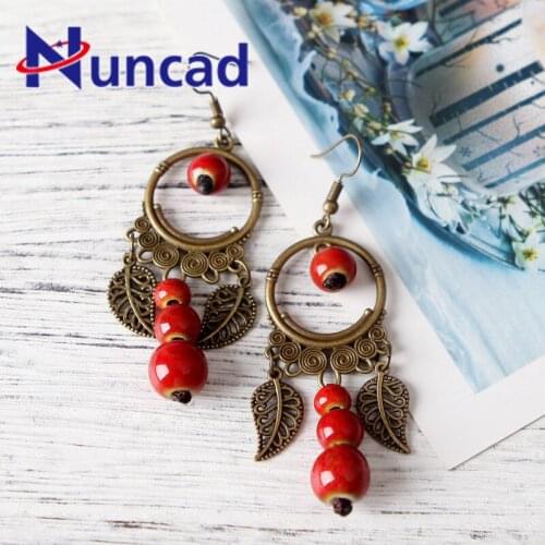 Bohemia Vintage Red Blue Ceramic Earring Leaf Shaped Long A String Of Beads Eardrop Woman Fashion Jewelry Accessories