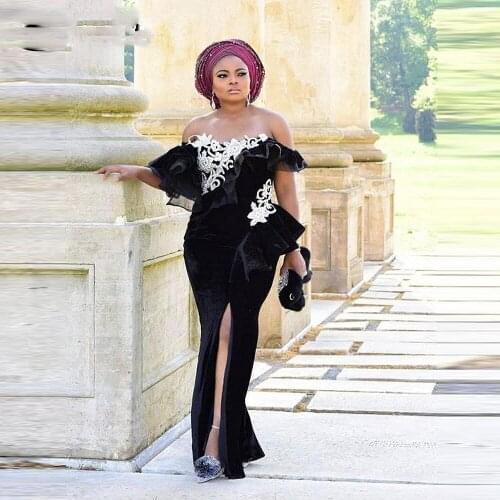 Black Velvet Aso Ebi Mermaid Prom Dresses Sequined Appliques Off The Shoulder Side Split Evening Dress African vestidos de fiest