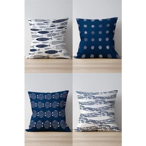 Double Side Printed Blue Marine Pattern 4'Lü Suede Pillow Decorate Case Good Quality Stylish Home Garden Room Kitchen Gift Convenient Decorative Modern