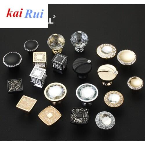 Crystal handle European style new door cabinet closet handle round gold diamond drawer handle single hole black