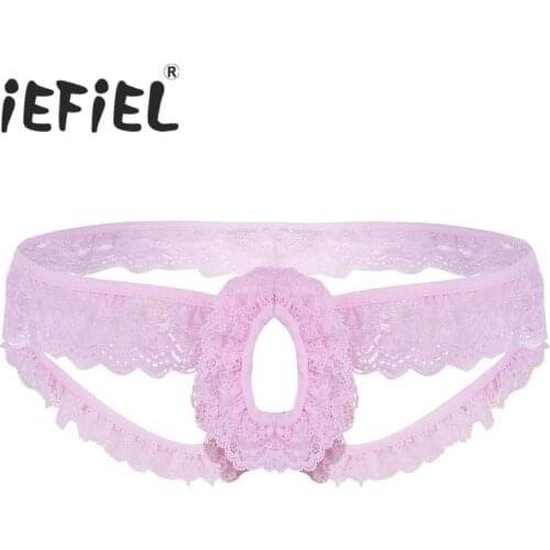IEFiEL Sexy Mens Lingerie Lacy Frilly Sissy Panties Crotchless Open Back G-string Male Underwear with Open Hole Bikini Panties