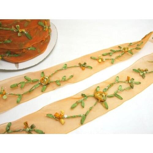 Brown Ombre Embroidered Floral Chiffon Ribbon Trim|Flowers with Colorful Leaves|Woven Chiffon Organza Ribbon
