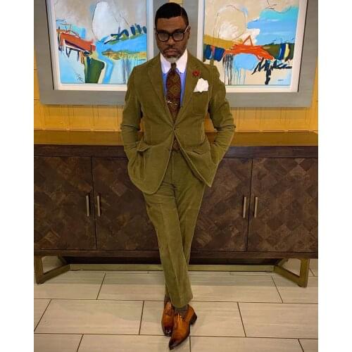 Jacket+Pant) Vintage Menswear Green Corduroy Notch Lapel 2 Piece Slim Fit Groomsman For Wedding Prom Party Dress Custom Made