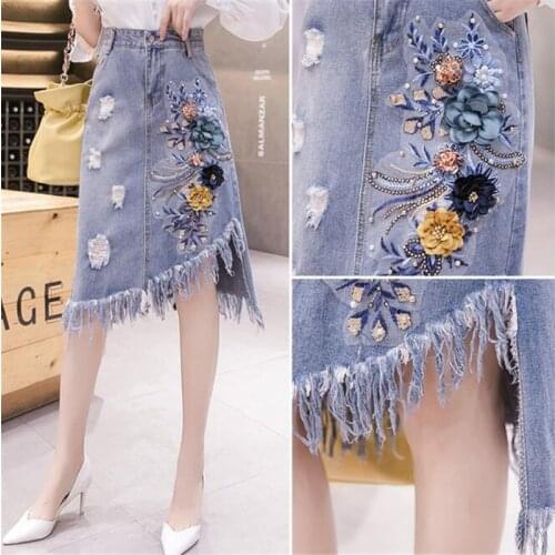Fashion Denim Skirts Womens 2020 New Embroidery Flower Cowboy Skirts Tasse Hole Irregular Sexy Denim Skirt High Quality Skirts