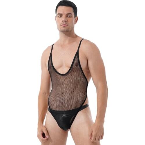 Mens Scoop Neck Sleeveless Spaghetti Strap Erotic Lingerie Leotard Bodysuit See-through Hollow Out Mesh Backless Romper Jumpsuit