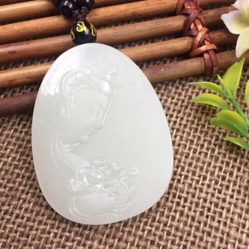 Natural Xinjiang Hetian jade white side side Guanyin head pendant 41 * 58mm with certificate