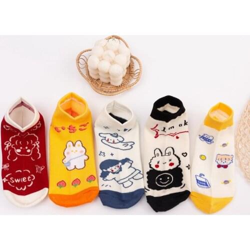 New Summer Womens Kawaii Cotton Cartoon Design Socks Harajuku Candy Colors Cute Rabbit Pattern Preppy Lolita Ankle Socks