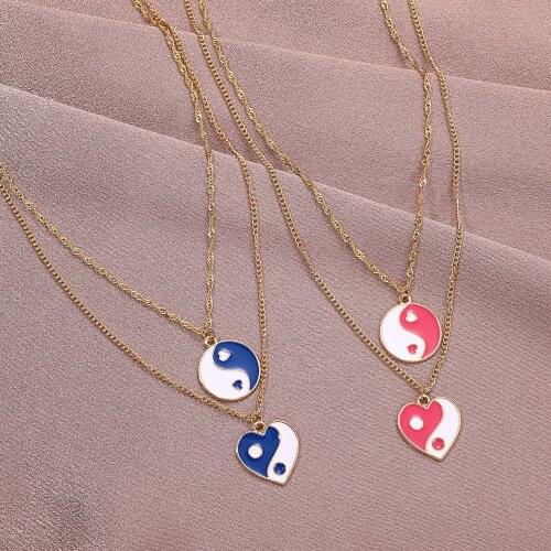 New Blue Yin Yang Necklace Alloy Drop Oil Love Heart Pendant Double Necklaces Elegant Cute Round Party Gift Jewelry For Women