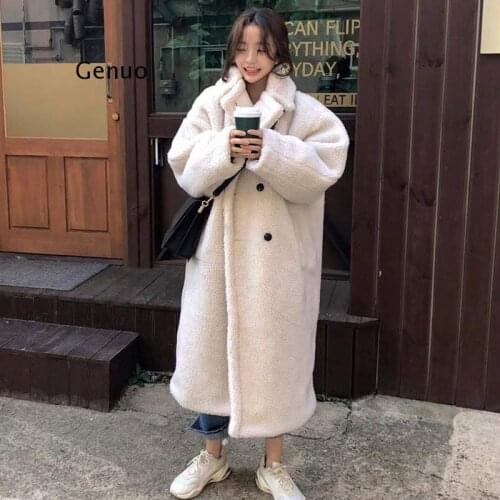 Winter Women Solid Lamb Fur Coat Long Sleeve Casual Fleece Jacket Turn Down Collar Long Teddy Coat Outerwear