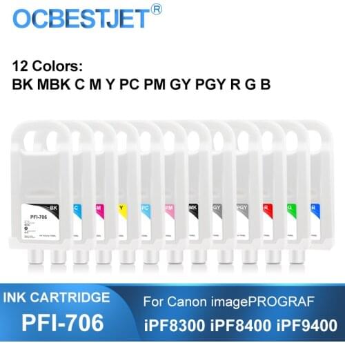 PFI-706 Refillable Ink Cartridge With Permanent Chip For Canon iPF8300 iPF8300S iPF8400 iPF8400SE iPF9400 iPF9400S 12Colors/Set