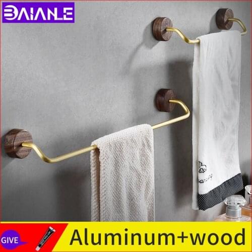 Bathroom towel bar walnut solid wall mounted 50cm wood towel rack screw free installation brushed gold towel bar holder