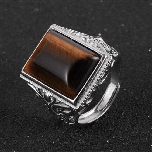 Vintage Silver Plated Punk Rock Rings For Men 2020 New Male Jewelry Rectangle Natural Tiger Eye Stone Wide Adjustable Ring