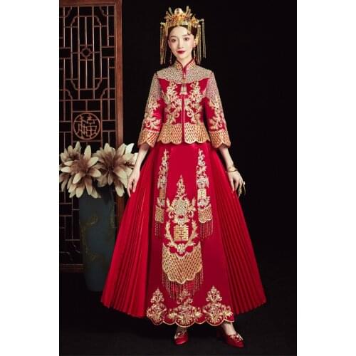 High-quality Satin Golden Embroidery Traditional Classic Oriental Wedding Dress Clothes Cheongsam China Qipao китайская одежда