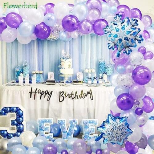 Frozen Birthday Party Supplies 130PCS Purple Blue Balloon Arch Garland Kit Winter Wonderland Snowflake Birthday Party Decoration