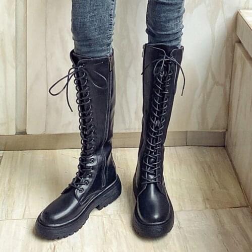 Rimocy Pu Leather Platform Knee High Boots Women Autumn Lace Up Square Heel Womens High Boots 2021 Black Punk Long Booties