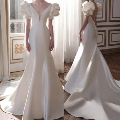 V-Neck Korea Style Sweep Train Vintage Wedding Dress Elegant Satin Mermaid Sheer Back Bridal Gowns vestidos de mairee Wedding