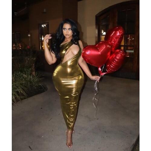 SKMY Ladies Sexy Nightclub Party Open Chest Hollow Out Dress One-Shoulder Bodycon Midi Dress Solid Color Women Clothing