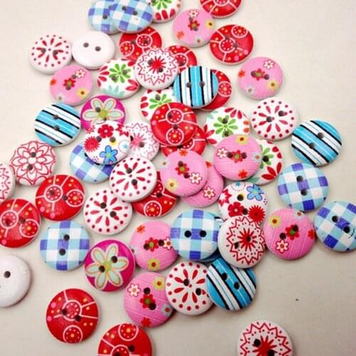 100pcs 15mm Mixed Round Pattern 2 Holes Wood Buttons Sewing Scrapbooking New