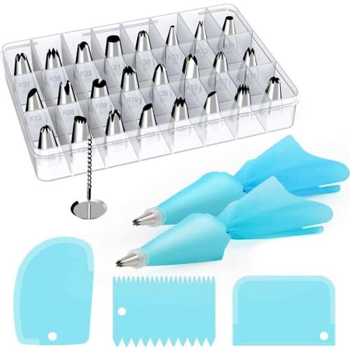 42/33/28/25Pcs Icing Piping Nozzles Baking Cream Cake Decorating Tips Set With Silicone Pastry Bag Icing Smoother Storage Box