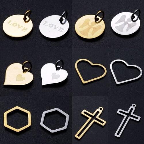 5pcs/lot diy heart hexagon geometric stainless steel charm pendant wholesale heart angel jewelry bracelet connector charms