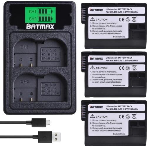 3PCS EN-EL15 ENEL15 Battery+LCD USB Dual Charger with Type C Port for Nikon D600 D610 D600E D800 D800E D810 D7000 D7100,Z6, Z7