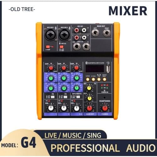 Wireless 4-channel Audio Mixer Portable Sound Mixing Console USB Interface MP3 Computer Input 48V Phantom Power Monitor for Home