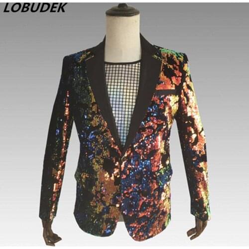 Shining Reflective Sequins Jacket Blazers Tide Slim Sequined Coat Outerwear Bar Punk Rock Singer Dancer Host Show Stage Costume