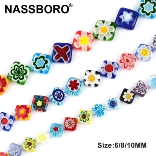 Mixed Square 6mm 8mm 10Flower Patterns Millefiori Lampwork Glazed Glass Beads Loose Crafts Beads for Jewelry Making DIY Findings