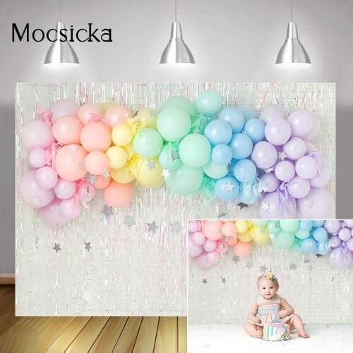 Twinkle Sliver Star Portrait Backdrop Photocall Rainbow Balloons Children Girl Birthday Cake Smash Background Photography Photo
