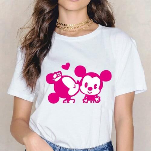 Minnie Kisses Mickey Mouse Cartoon T Shirt Oversize Women Kawaii Aesthetic Clothing Y2k Tops Harajuku Ladies Short Sleeve Tees