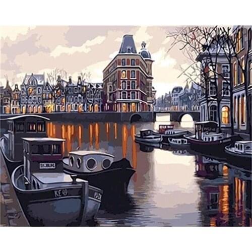 Town Oil Painting By Number Canvas DIY Scenery With Frame Acrylic Paint Kits HandPainted Picture Coloring By Number Decor Art