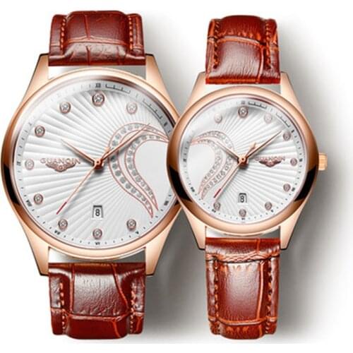 GUANQIN 2019 Creative Couple Watch Fashion Rose Gold Quartz Wristwatch Women Men Clock leather Strap Watch Couple gift
