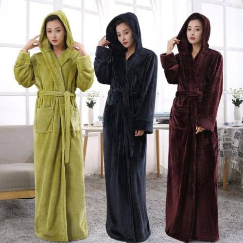 Women Hooded Extra Long Warm Bathrobe Hot Thickening Flannel Winter Kimono Bath Robe Men Thermal Dressing Gown Bridesmaid Robes