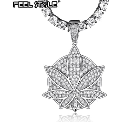 Hip Hop Bling CZ Hemp Leaf Iced Out Cubic Zircon Necklaces & Pendants For Men Jewelry Charm Tennis Chain