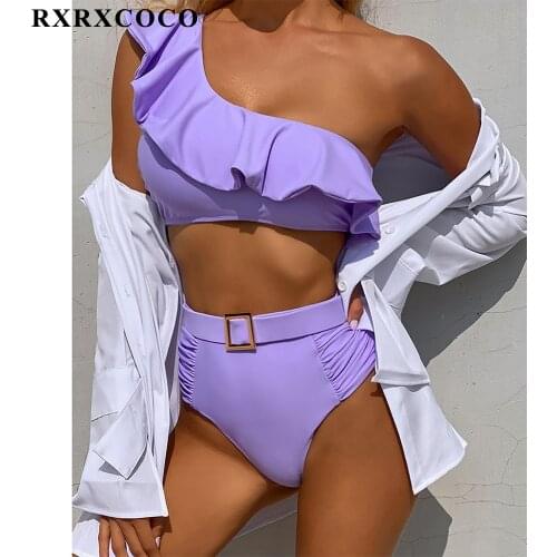 RXRXCOCO Swimwear Women Ruffled One shoulder High Waist Bikini High Cut Swimsuit Female Bikini Set Bathing Suit Sexy Biquini