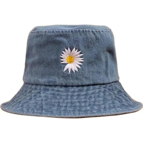 Korean Style Summer Street Unisex Harajuku Outdoor Bucket Fishing Cap Women Sunscreen Sunbonnet Daisy Embroidery Denim Hat